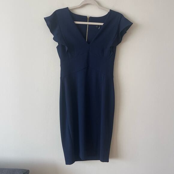 DKNY Elegant Navy Blue Sheath Dress Ruffle Sleeves V-Neck Women’s size 6 - Picture 1 of 9